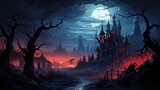 Fototapeta Do pokoju - Panorama gothic style background scary halloween atmosphere, full moon and graveyard night style