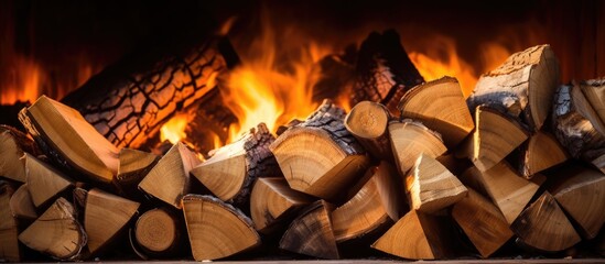 Poster - Close up shot of indoor winter logs in a fireplace generating heat