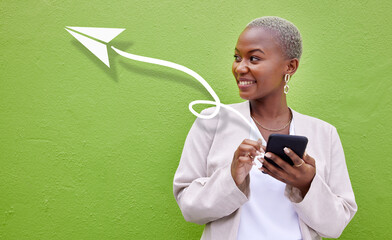 Poster - Social media icon, phone and woman online for communication, email and networking in studio on green background. Mockup, face and person with smartphone smile for virtual conversation and chat
