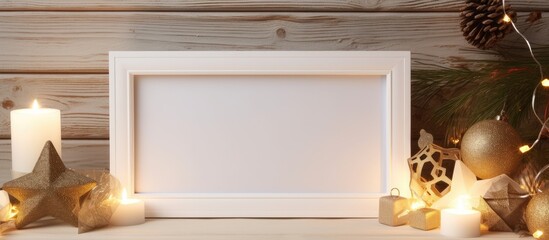 Poster - Christmas themed mockup of a wooden frame with decorations on a table ideal for quotes or a holiday postcard