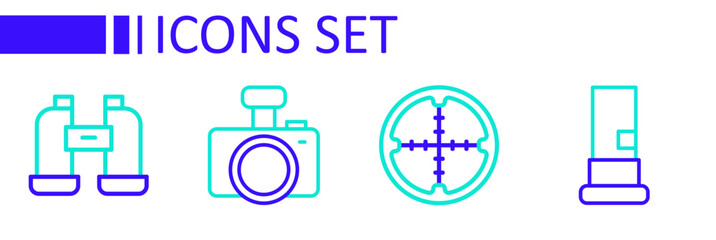 Poster - Set line Cartridges, Sniper optical sight, Photo camera and Binoculars icon. Vector