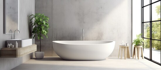 Poster - a beautiful modern luxury bathroom with white marble walls a bathtub concrete floor indoor plants toilet bidet and a front view The room features modern furniture and a window