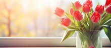 Country Style Bouquet Of Red Tulips In A Vase On A Windowsill Illuminated By Sunlight Perfect For Easter Decoration With A Simple Backdrop And Room For Text