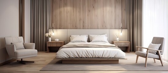 Wall Mural - Cozy modern white bedroom with a clear light and elegant wooden chair in a new hotel apartment