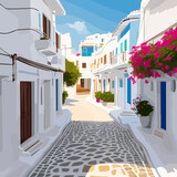 Fototapeta Uliczki - White-washed Mediterranean village street with traditional houses, vibrant flowers, and charming architecture in Oia, Santorini, Greece