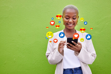 Sticker - Phone icon, black woman and social media emojis of heart, thumbs up and smile for mockup advertising space. Cellphone, like opinion notification and user typing communication on green background wall