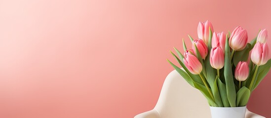 Poster - Colorful wall in room with armchair tulip bouquet and HAPPY WOMAN S DAY greeting card