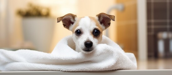 Wall Mural - Adorable little dog drying in white towel at home