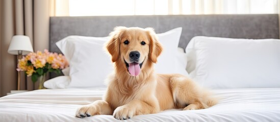 Poster - Colorful golden retriever puppy in an elegant bedroom with a king size bed table and pet friendly accommodations