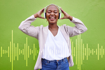 Canvas Print - Music headphones, singing and happy black woman on green wall background overlay. Radio, dance and African person streaming podcast, hearing audio and listening to sound of jazz media for freedom