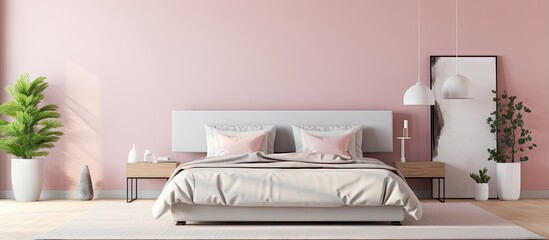 Wall Mural - a contemporary pink bedroom with plants and framed art