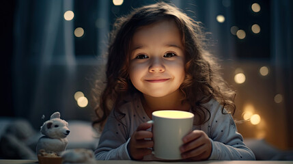 A little girl feeling happy enjoying drinking milk before going to bed at home bedroom. Generative Ai