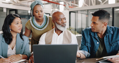 Leinwandbilder - Laptop, teamwork or employees in meeting problem solving for an online strategy or data analytics. CEO, collaboration or group of people speaking of ideas on a project in a digital agency together