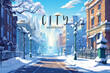 Snow city with buildings and streets
