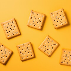 Tasty crispy crackers on a yellow background. Generative AI.