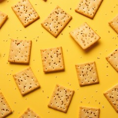 Tasty crispy crackers on a yellow background. Generative AI.