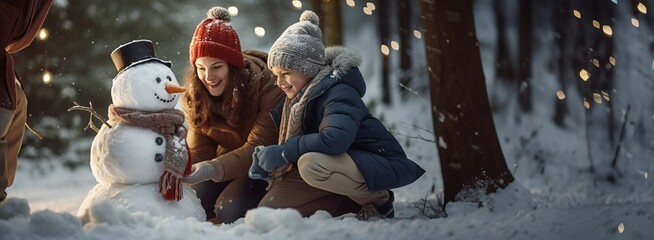 Happy family playing in the snow and making a snowman, copy space. Created with Generative Ai technology.