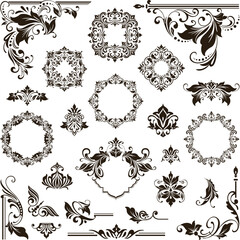 Poster - 
Vintage design lace borders monogram logo and corners, dividers Vector set art deco floral ornaments elements