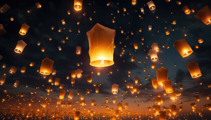 Wall Mural - Flying lanterns in the sky during the Diwali festival in India