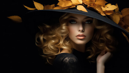 Wall Mural - portrait of attractive stylish woman with black hat and autumn leaves