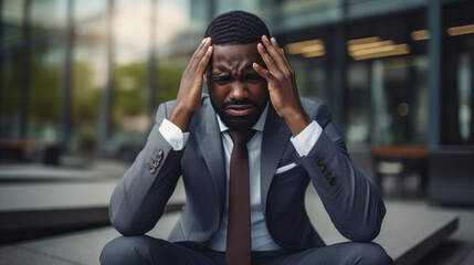 Wall Mural - Businessman in a suit holds his head from fatigue, overworking and depression against a backdrop of office buildings