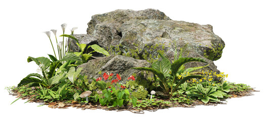 Fototapete - Cutout mossy rock surrounded by vegetation in the forest. Ancient boulder with moss isolated on transparent background. Mossy tree branch on the ground	
