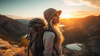 Poster - Portrait of a female hiker with a backpack on the mountain