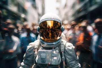 Wall Mural - Astronaut wearing space suit at crowded street in rush hour. Lonely space man among people in city with motion blur effect