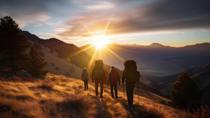 Sticker - Group of hikers with backpacks walk in the background of the mountain landscape