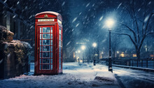 Red Phone Booth On A Snowy Street,