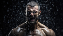 Muscular Man With Water Splashing Against His Face In The Dark
