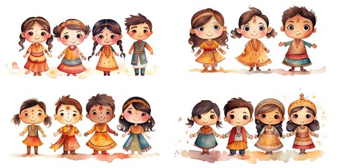 Wall Mural - painting style illustration of Indian kids boys and girls in traditional outfit, Generative Ai