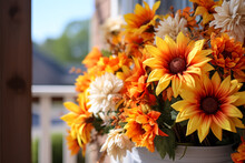 Planter Of Fall Autumn Flowers, Sunflowers, Seasonal Exterior Home Decor