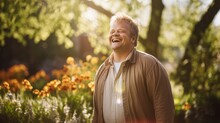 Natural Beauty Of An Adult Male With Down Syndrome In The Serenity Of A Garden.