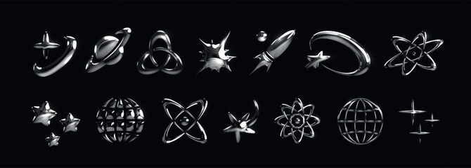3D chrome elements. Y2K abstract silver space icons. Galaxy and cosmic technology. Cyber stars. Atom symbol. Universe planet and comets. Glossy spaceship. Vector vintage metal shapes set