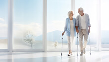 Elderly Couple Walking With Crutches And Walking Sticks
