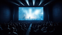 Large Audience Watching Movie Mockup White Screen In Cinema