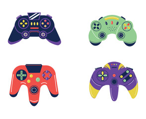 Poster - Cartoon joystick set. Video game equipment. Colorful controllers for console. Gamepads different forms collection. Wireless devices with buttons. Games gadgets. Vector isolated illustration