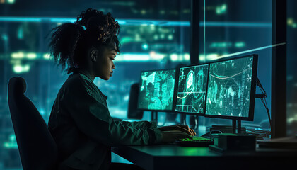 working woman at work in technology control room at night