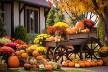 Fall Autumn Thanksgiving Wood Cart With Flowers And Pumpkins Gourds, Front Yard Display, Exterior Seasonal Decor, Home Decoration