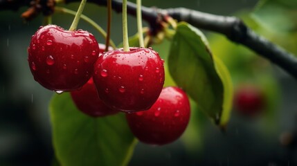 Ripe beautiful cherries in the raindrops hanging on tree branch in garden, macro.