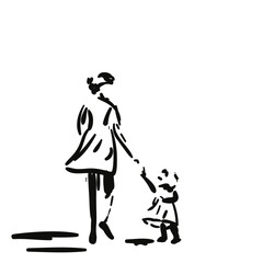 Sticker - Mother and baby girl, Walking away woman and little girl pull their hands to each other, Short dresses flutter in the wind, Don't go away concept, Freehand drawing vector illustration, Simple sketch