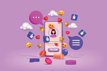Aufkleber - 3D social media icons. Chatting emoji. Phone with internet marketing elements. Digital app for mobile user. Follow influencer. Render smartphone. Like signs and hearts. Vector background