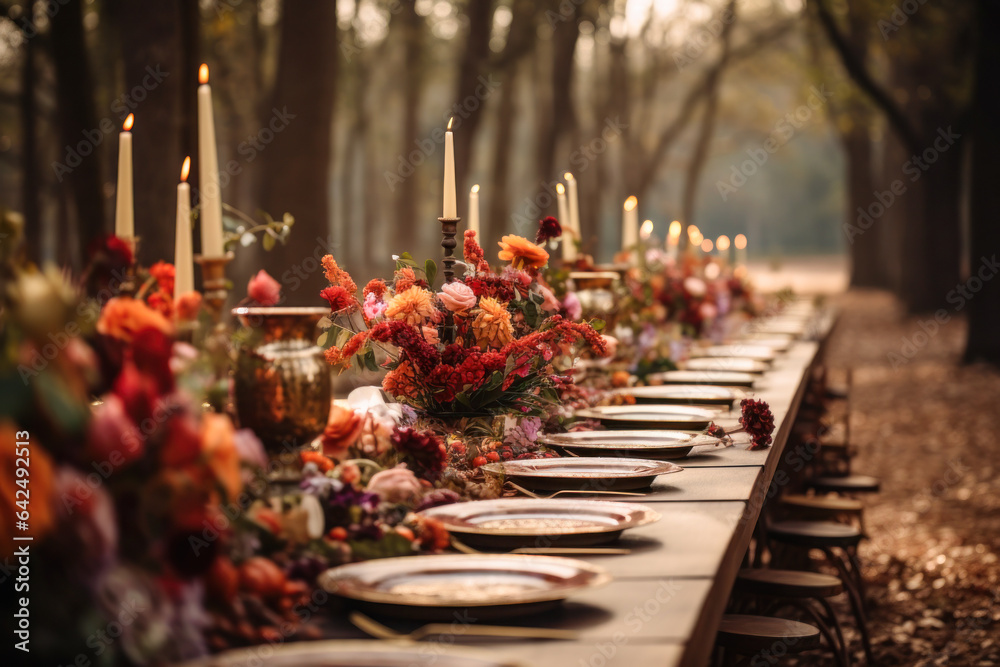 Autumn outdoor long banquet table setting in the woods with candles and ...