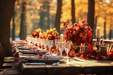 Autumn outdoor dinner table setting with red flowers, fall harvest season, rustic, fete party, outside dining tablescape