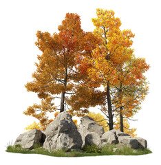 Wall Mural - Group of deciduous trees among the rocks. Cutout yellow trees in autumn isolated on transparent background. Forest scape for landscaping or architectural visualisation. Colorful tree line in fall