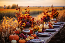 Autumn Outdoor Dinner Table Setting In Field, Pumpkins And Flowers, Fall Harvest Season, Rustic, Fete Party, Outside Dining Tablescape