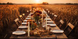 Autumn outdoor long banquet table setting, wheat field, fall harvest season, wide, rustic, fete party, outside dining tablescape