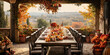 © Sunshower Shots - Autumn outdoor dinner table on patio with fall foliage vista, harvest season, rustic, fete party, outside dining tablescape