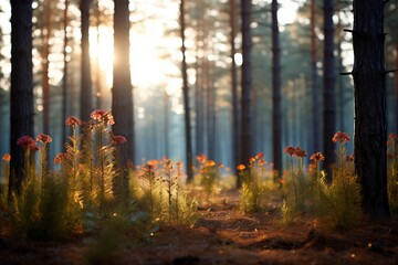 Wall Mural - forest ground in autumn under sunset light